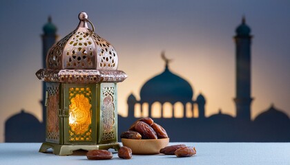 Lantern that have moon symbol on top and small plate of dates fruit with night sky and city bokeh light background.
ai generated