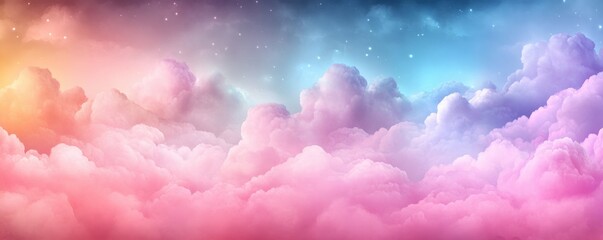 Naklejka premium A vibrant sky filled with fluffy clouds in shades of pink, purple, and blue, creating a dreamy and ethereal atmosphere.