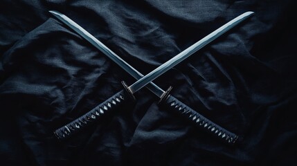An empty scene featuring blank mockup template filled with ninja swords crossed against a dark cloth backdrop, symbolizing honor and skill for International Ninja Day,