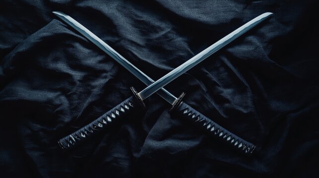 An empty scene featuring blank mockup template filled with ninja swords crossed against a dark cloth backdrop, symbolizing honor and skill for International Ninja Day,