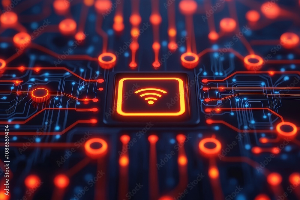 Poster vpn privacy safety lock technology secure concept. digital circuit with wireless symbol illuminated 