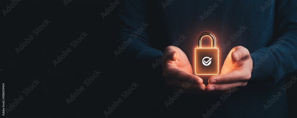 Poster vpn privacy safety lock technology secure concept. secure lock in hands with glowing elements.