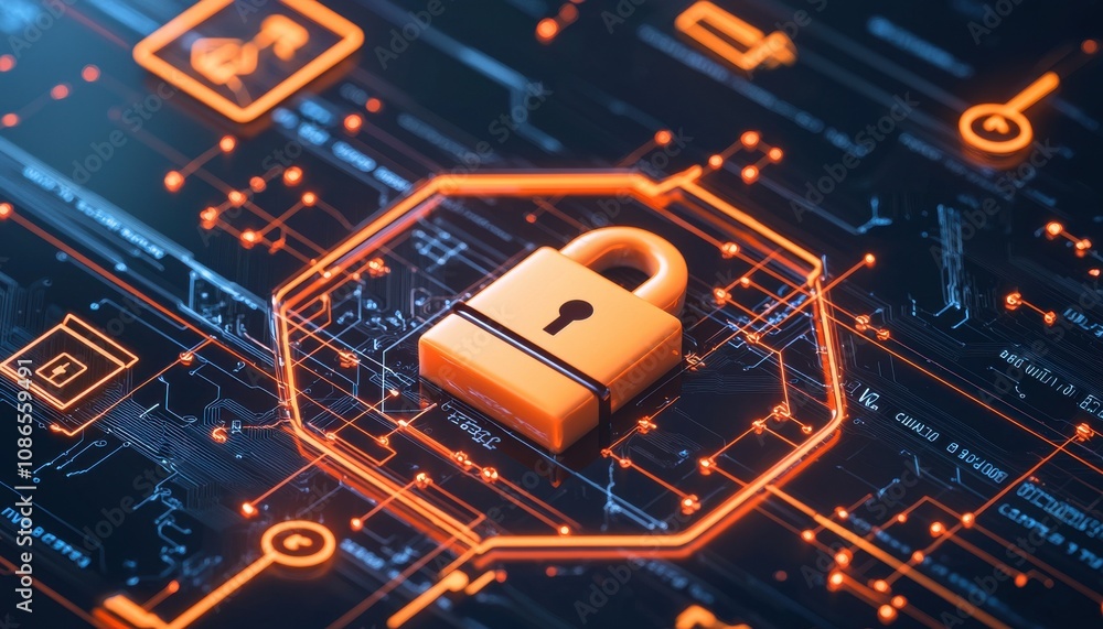 Poster vpn privacy safety lock technology secure concept. digital lock symbol on a data background with glo
