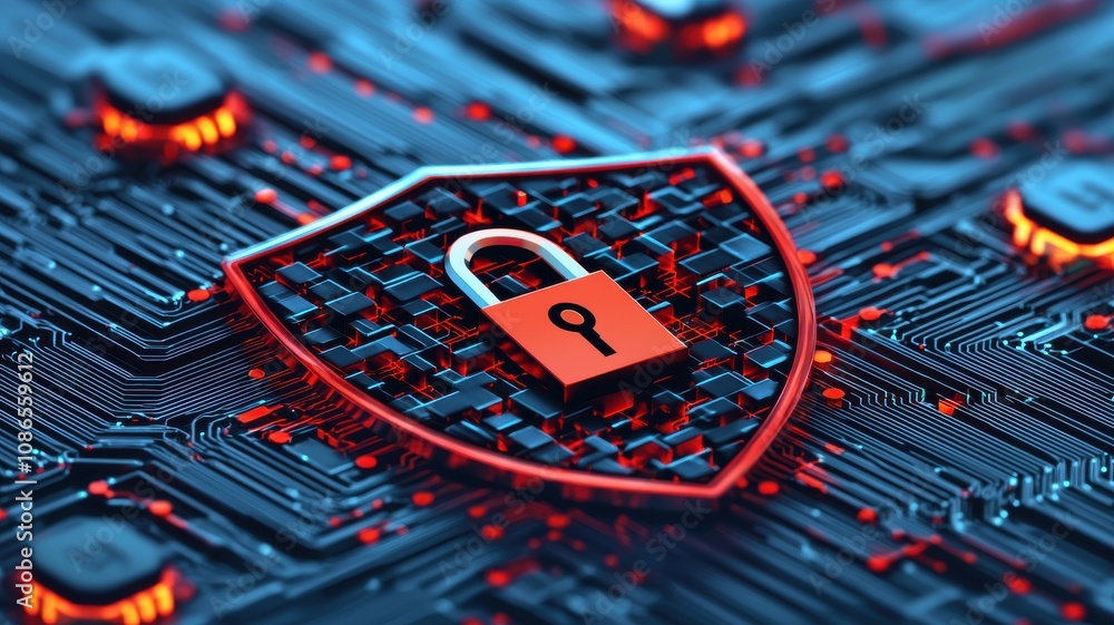 Poster vpn privacy safety lock technology secure concept. digital security shield with a padlock on a circu