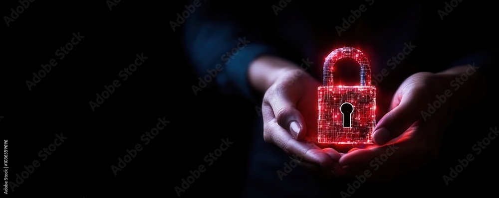 Poster vpn privacy safety lock technology secure concept. digital lock held in hands symbolizing security a