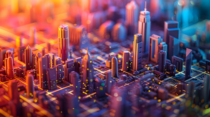 High tech data network color grids over miniature cityscape with cinematic coloring