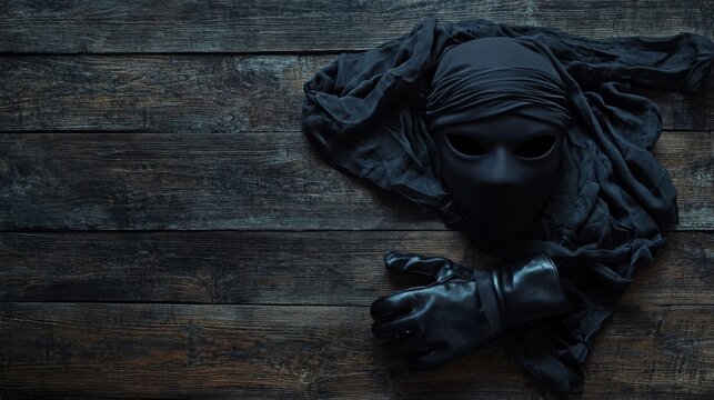 An empty scene featuring blank mockup template filled with a single ninja mask and gloves lying on a dark, wooden table, celebrating International Ninja Day, 
