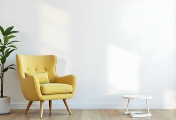 A yellow armchair in a minimalist room with a white wall and wooden floor