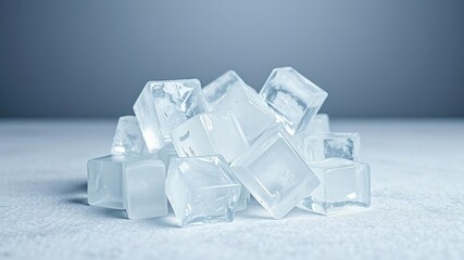 Obraz premium A cluster of transparent ice cubes sitting on a frosty table surface in an isolated environment, winter scene, frosty atmosphere