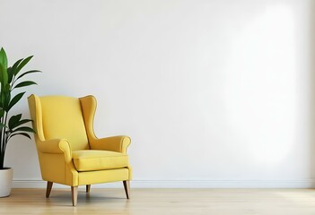 Fototapeta premium A yellow armchair in a minimalist room with a white wall and wooden floor