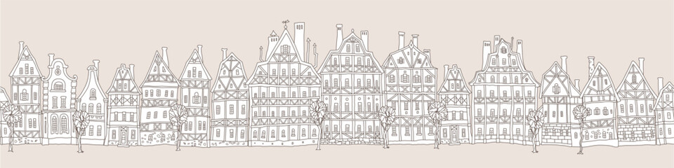 Seamless border pattern. Fairy tale half-timbered houses, medieval European town street panorama. Coloring book page on a beige background