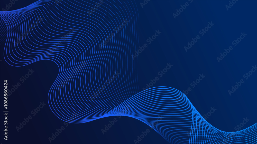 Poster Geometric curved lines in gradient blue tones forming dynamic futuristic abstract flow patterns