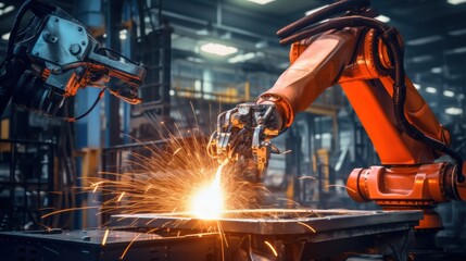 photograph of automated robotic welding machine equipment working at industrial plant