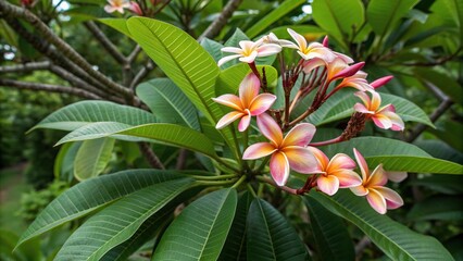 Fototapeta premium Exotic tropical flowers clustered together on a branch amidst lush green foliage and vibrant leaves, foliage, tree branches, leaves, exotics, landscape