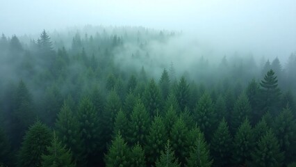 Fototapeta premium Dense misty forest evergreen trees mist branches foliage