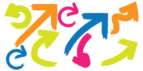 Brush, marker drawn bold arrows set. Collection of hand drawn doodle thick arrows in different directions.