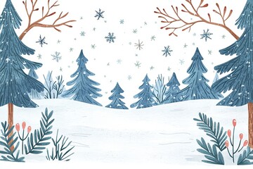 Obraz premium A serene winter scene featuring snow-covered trees, delicate snowflakes, and a peaceful atmosphere, perfect for evoking a cozy seasonal vibe.