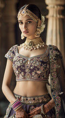 A luxurious lehenga with detailed beadwork, set alongside heavy bridal jewelry such as earrings, bangles, and a gem-studded necklace1