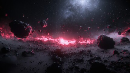 Epic Space Battle with Glowing Energy Trails and Exploding Asteroids