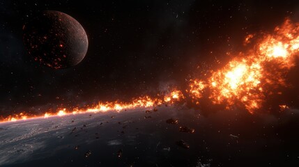 Obraz premium Intergalactic Showdown: Dynamic Space Battle with Futuristic Star Cruisers, Planets, and Rings