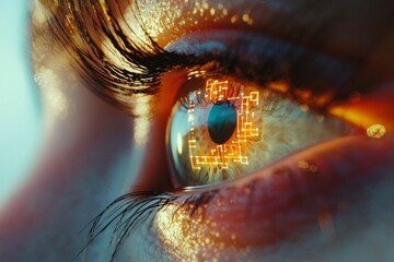 Close-Up of Eye with Digital Overlay: Macro shot of a human eye with digital elements like holographic circuit patterns, symbolizing tech and vision.