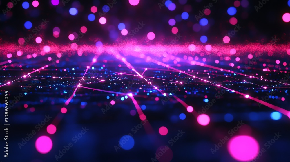 Poster abstract background with pink and blue glowing lights and bokeh effect.