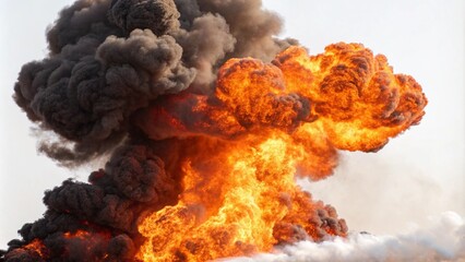 A large explosion in the air, featuring intense orange flames and thick, billowing smoke clouds, isolated on white background