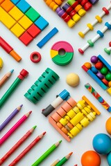 Naklejka premium Flat-lay of vibrant children's toys like building blocks, colorful objects, ideal for playful and educational themes.
