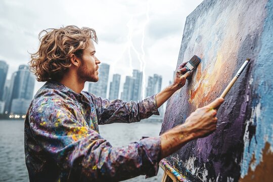 Urban Painter. Ai nft Sketch gallery Immersive experiences Chromie squiggle Known origin Artlist arrtx kingart Dezgo Young man curly hair painting abstract cityscape outdoo - Powered by Adobe