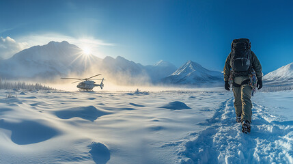 A mountaineer with climbing gear walking towards an approaching helicopter on the snow-covered ground of Alaska's wilderness, with mountains and a blue sky in the background. The sun is shining bright