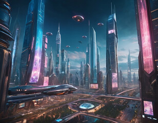 Futuristic City with Holographic Displays and Flying Vehicles
