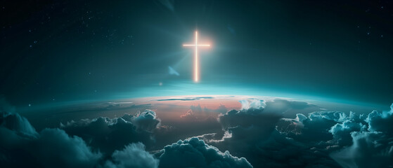 A minimalist, glowing Catholic cross hangs in the sky above a gently curving planet Earth, wrapped in translucent clouds1