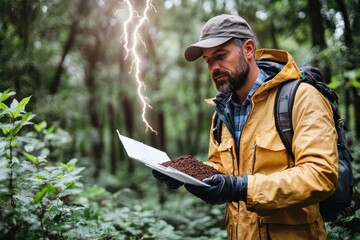 Storm Laptop. Man in yellow jacket using laptop lightning storm forest