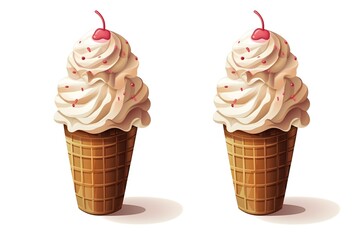 illustration of an ice cream set. Different types and tastes of cold desserts cups cones soft serve bars sticks popsicles frozen juice in waffles and on sticks. Vintage hand-drawn style generative ai	