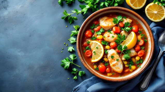 Overhead View of Kakavia (Greek Fish Soup) with Lemon and Parsley in a Rustic Bowl (Greek Cuisine)