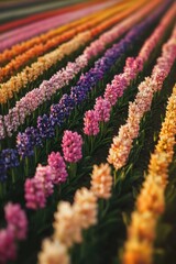 A colorful flower field with a tilt-shift effect