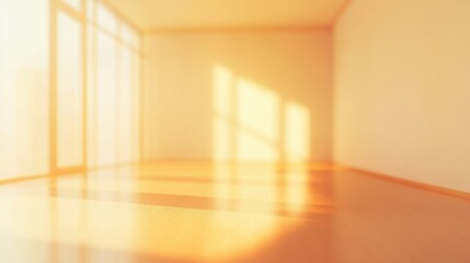 Fototapeta premium Bright sunlit room with warm yellow hues and wooden floor in the morning light