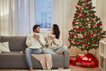 Obraz premium A couple shares warm drinks on a cozy sofa beside a decorated Christmas tree, creating a festive atmosphere. Perfect for holiday ads or content celebrating warmth, joy, and togetherness.
