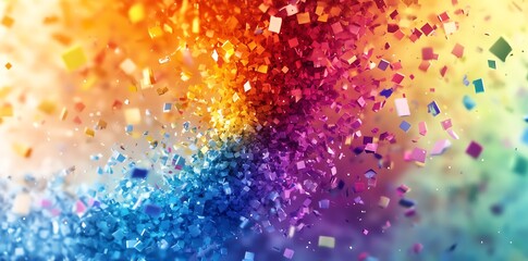 Abstract colorful background with scattered squares in a rainbow gradient.