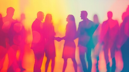People networking and engaging in conversation during a vibrant evening event in a colorful urban setting