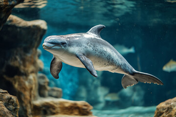 Obraz premium A sleek and graceful dolphin swimming gracefully in the underwater world of an aquarium, surrounded by rocks and aquatic life.