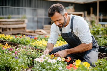 Gardener in overalls planting colorful flowers in a garden bed with a trowel