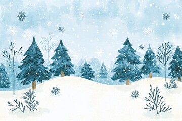 Fototapeta premium Whimsical watercolor illustration christmas theme, A serene winter landscape featuring snow-covered hills, evergreen trees, and delicate snowflakes against a soft blue background.