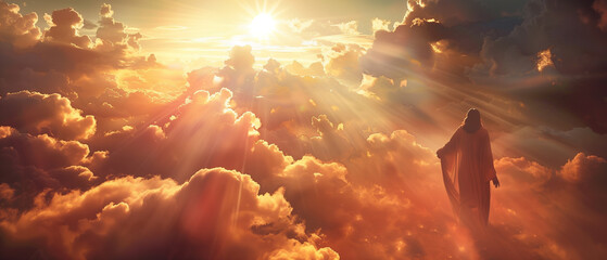 A radiant image of Mystic Figure walking on clouds, with dramatic sunlight piercing through the clouds behind him1