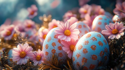 Fototapeta premium Closeup of Easter eggs with flowers. Perfect for spring and holiday themes.