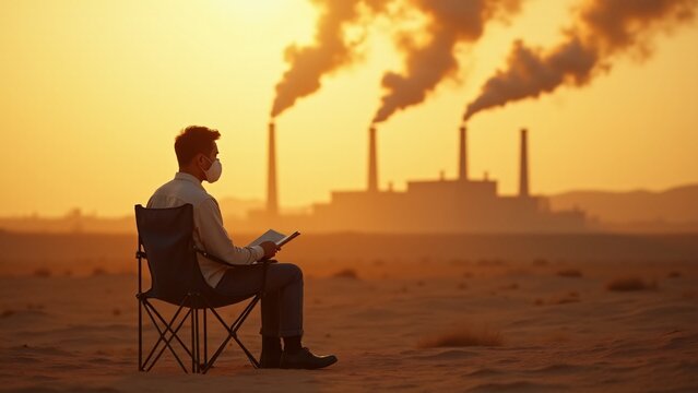 A man wearing a mask reads a book in a desert-like setting with industrial smokestacks in the background. Highlights environmental issues, air pollution, and climate change awareness. Perfect for ecol