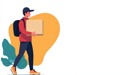 Courier with package in hand, colorful flat design, isolated on white background