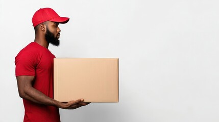 Delivery man with a box, oil painting texture, isolated on white background