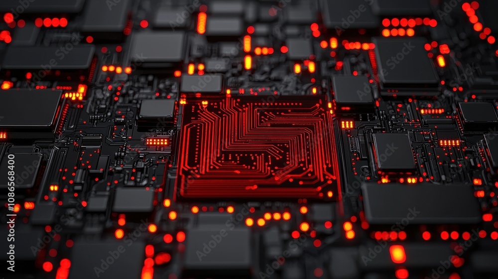 Poster futuristic close-up of an abstract circuit board with glowing red lines and microchips, highlighting