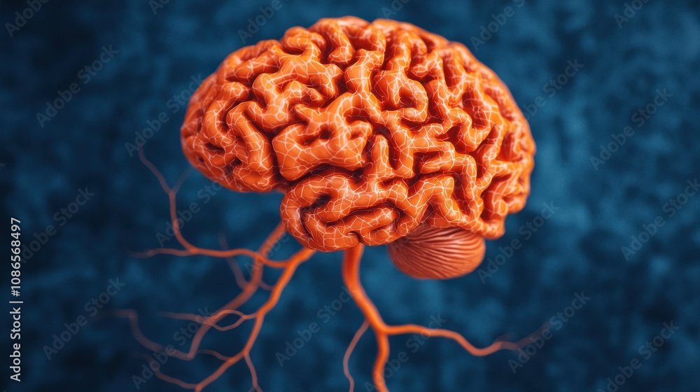 Poster vibrant orange brain structure with detailed surface texture and intricate neurons on a soft blue ba